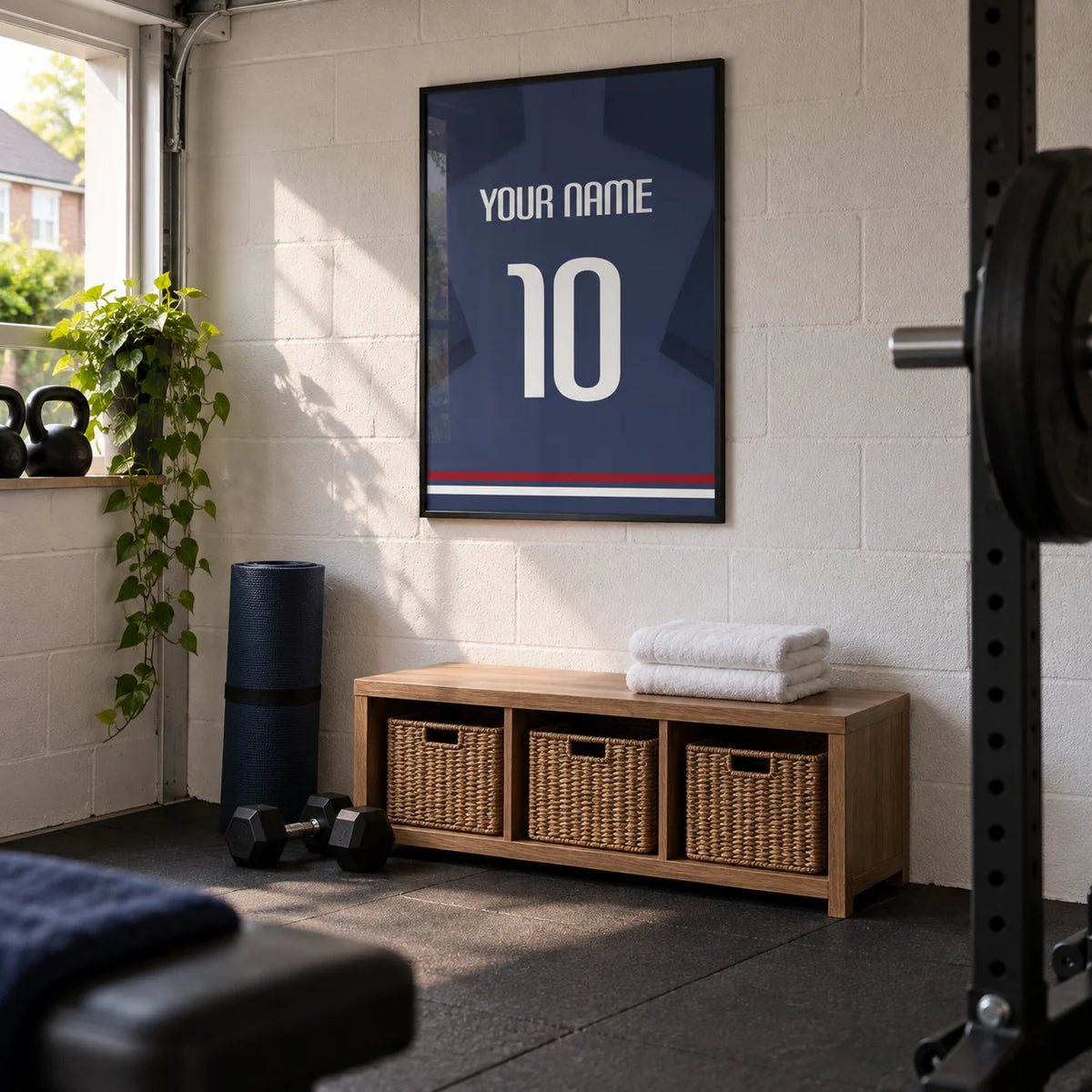 Football Shirt Poster in Navy Blue with White Number, framed on the wall of a tidy converted garage home gym in a UK terraced house