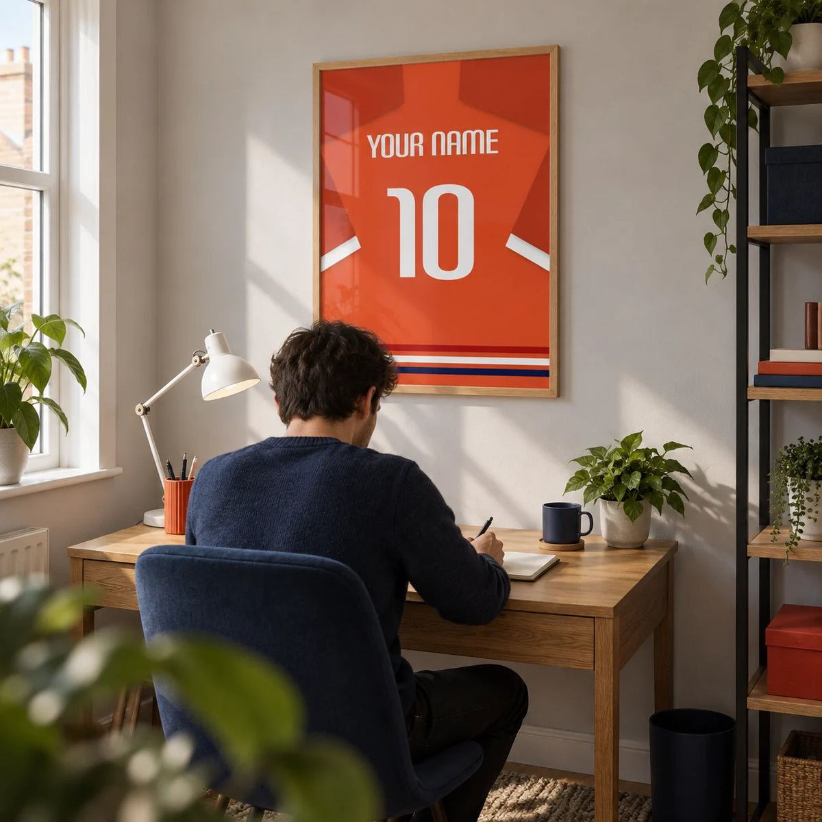 Football Shirt Poster in Orange-Red with White Number, framed on the wall of a compact home study for a young adult football fan (22-35) in a UK terrace with a pale grey wall
