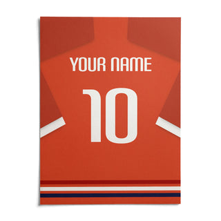 Football Shirt Poster in Orange-Red with White Number, shown as an unframed paper print on a plain white background