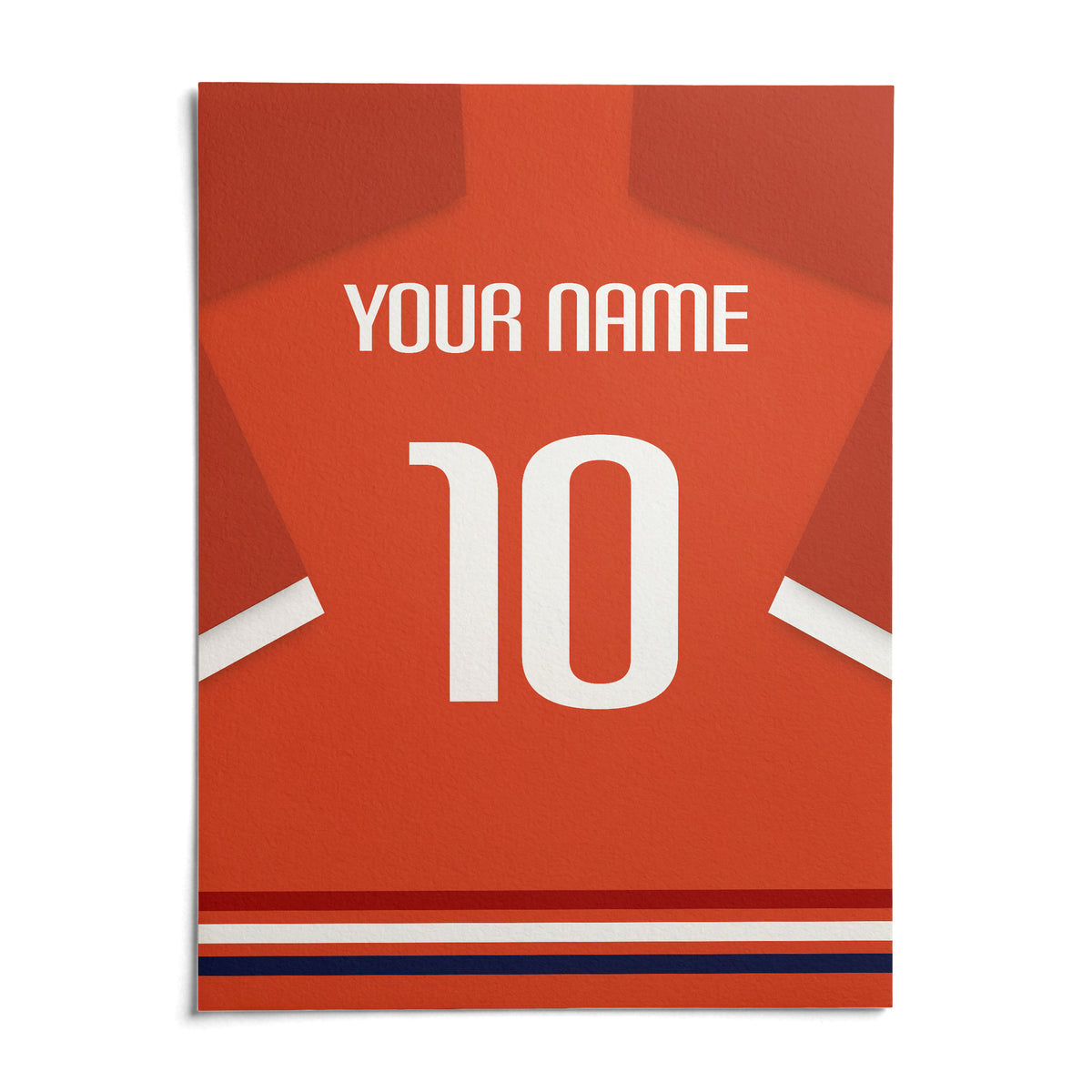 Football Shirt Poster in Orange-Red with White Number, shown as an unframed paper print on a plain white background
