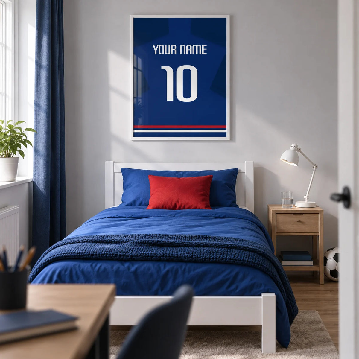 Football Shirt Poster in Plain Blue with White Number, framed on the wall of a contemporary teenage football fan's single bedroom (13-17) in a UK family home with a pale grey wall and oak floor