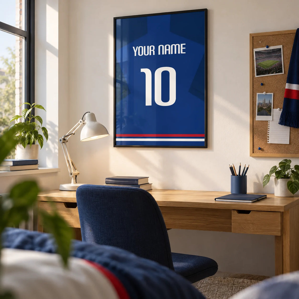 Football Shirt Poster in Plain Blue with White Number, framed on the wall of a tidy university study corner for a football fan (18-21) with a warm white wall and a simple pinboard on the adjoining wall