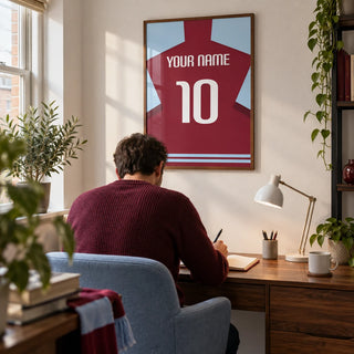 Football Shirt Poster in Plain Claret with White Number, framed on the wall of a compact home office for an adult football supporter in a UK terraced house with a soft white wall