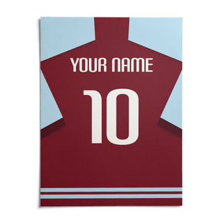 Football Shirt Poster in Plain Claret with White Number, shown as an unframed paper print on a plain white background