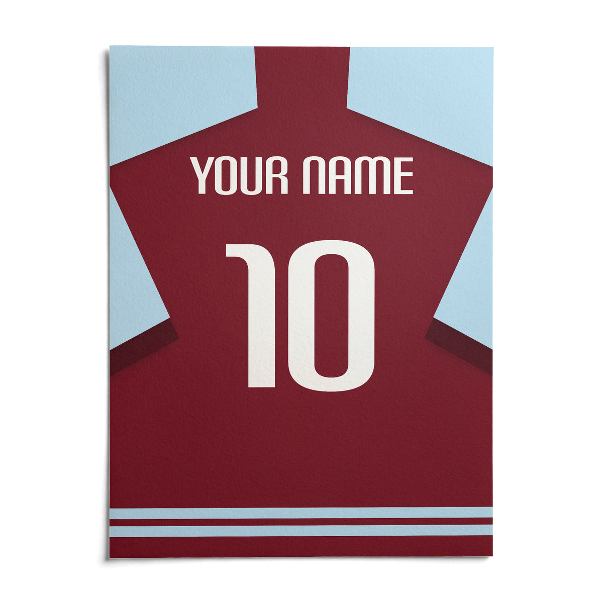 Football Shirt Poster in Plain Claret with White Number, shown as an unframed paper print on a plain white background