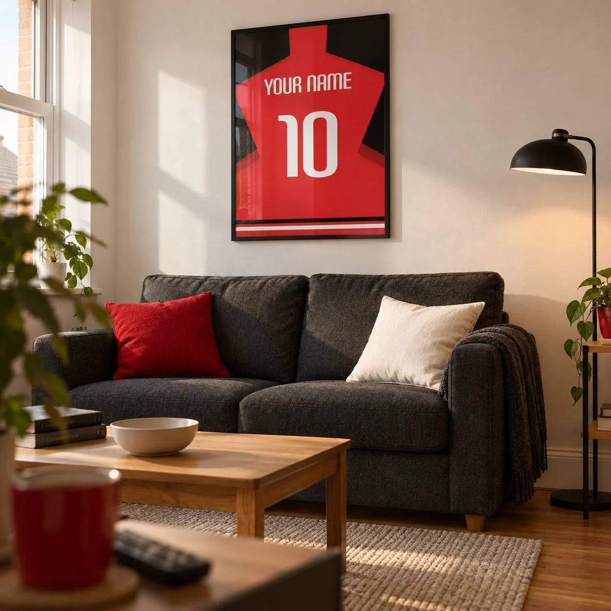 Football Shirt Poster in Plain Red with White Number, framed on the wall of a compact football-viewing snug in a young adult's UK first flat (22-28) with a warm white wall and oak floor in a living room