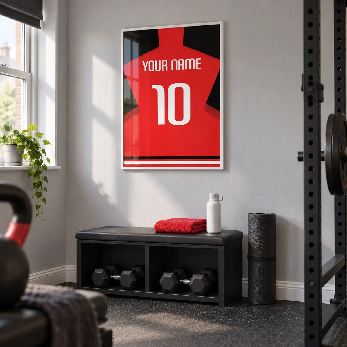 Football Shirt Poster in Plain Red with White Number, framed on the wall of a small home gym in a converted UK spare room with a light grey wall and dark rubber flooring