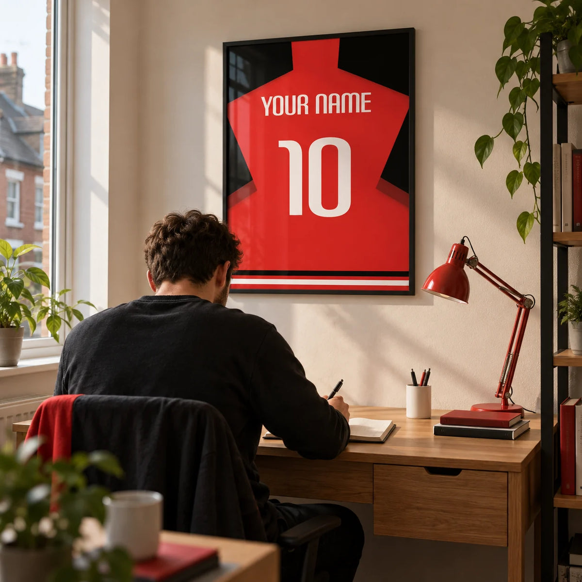 Football Shirt Poster in Plain Red with White Number, framed on the wall of a tidy home study for a young adult football fan (22-35) in a UK terrace with a warm white wall