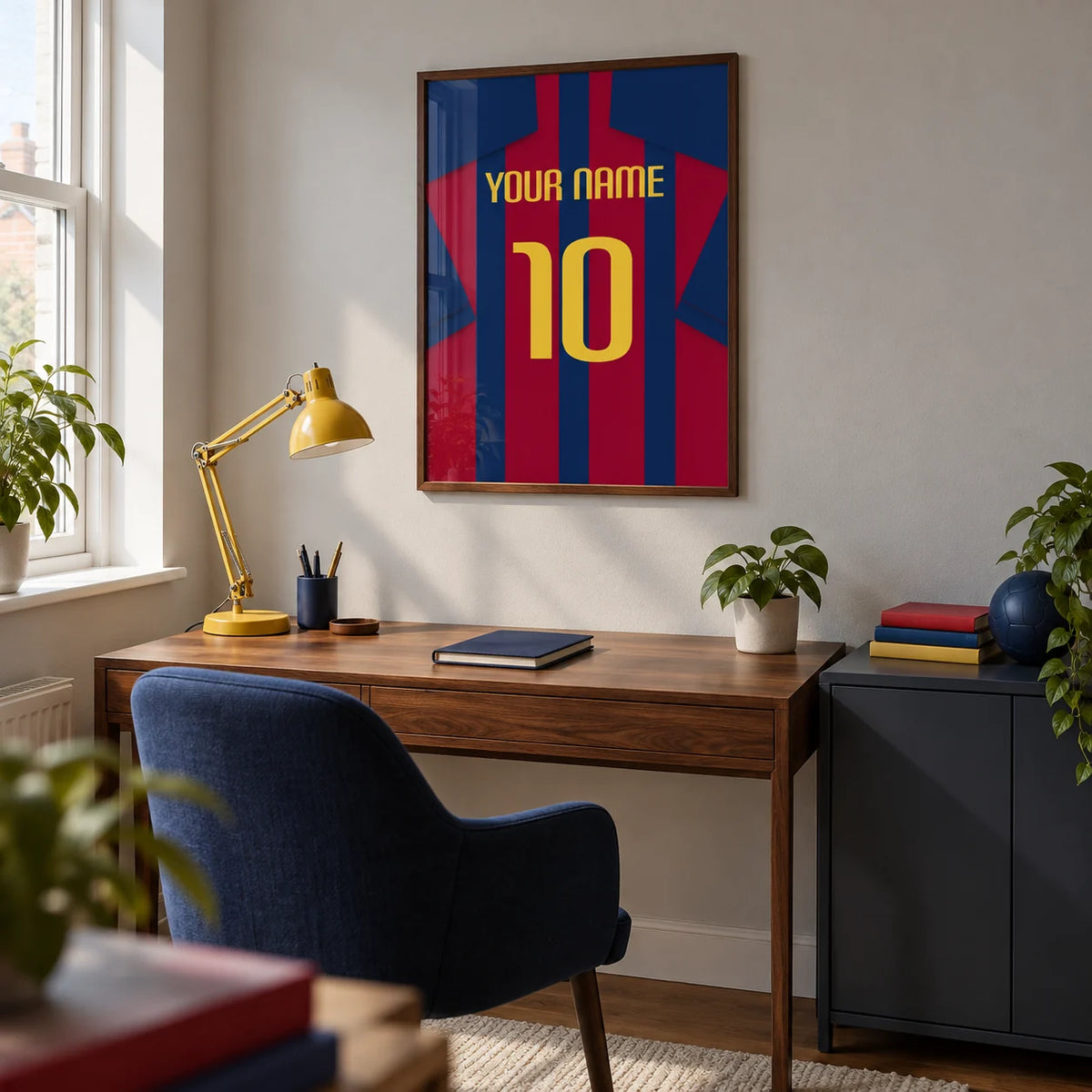 Football Shirt Poster in Red and Blue Stripes with Yellow Number, framed on the wall of a compact home office in a UK terrace belonging to an adult football supporter