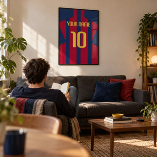 Football Shirt Poster in Red and Blue Stripes with Yellow Number, framed on the wall of a crisp living room in a football fan's first UK flat (22-28)