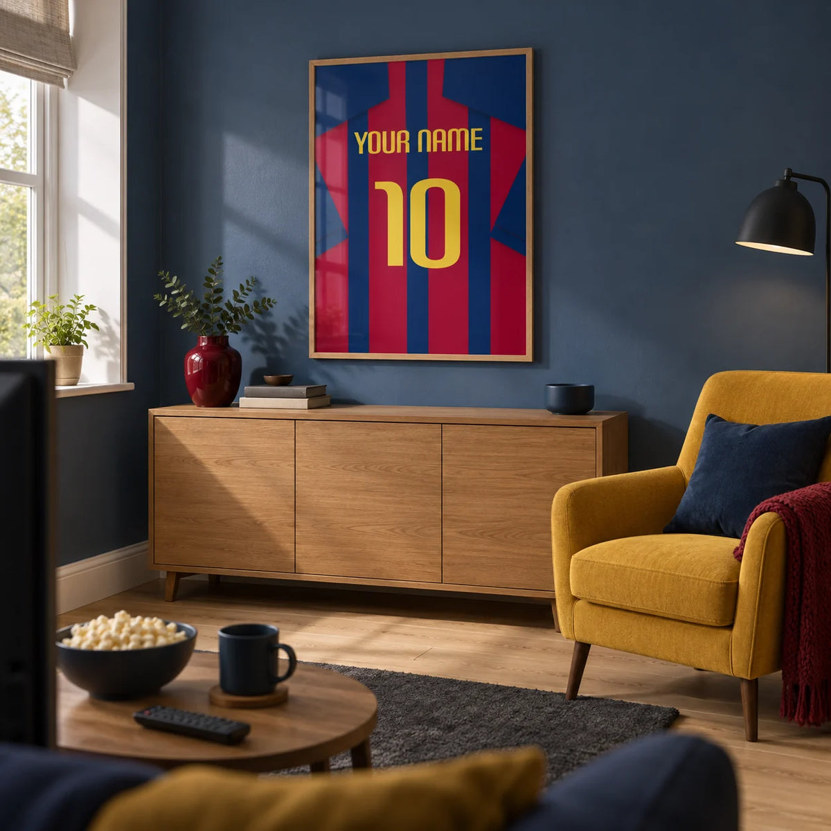 Football Shirt Poster in Red and Blue Stripes with Yellow Number, framed on the wall of a dedicated football-watching snug in a UK semi-detached home with a muted blue wall and pale oak floor in a living room