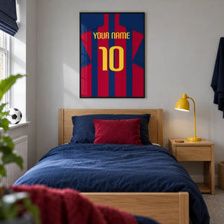 Football Shirt Poster in Red and Blue Stripes with Yellow Number, framed on the wall of a modern football-loving teen's single bedroom (13-17) in a UK family home with a pale grey wall