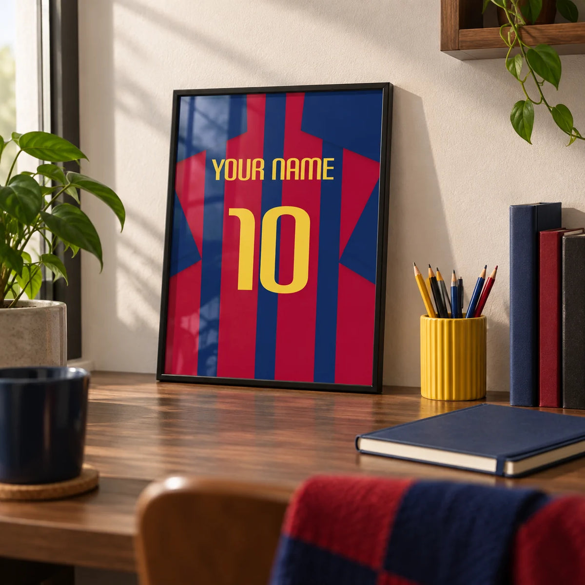 Football Shirt Poster in Red and Blue Stripes with Yellow Number, a small A4 framed print leaning on a walnut desk