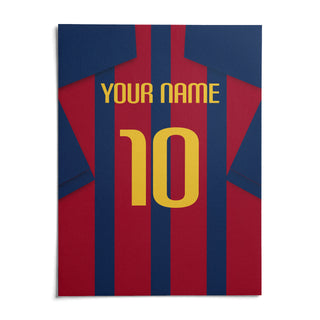 Football Shirt Poster in Red and Blue Stripes with Yellow Number, shown as an unframed paper print on a plain white background