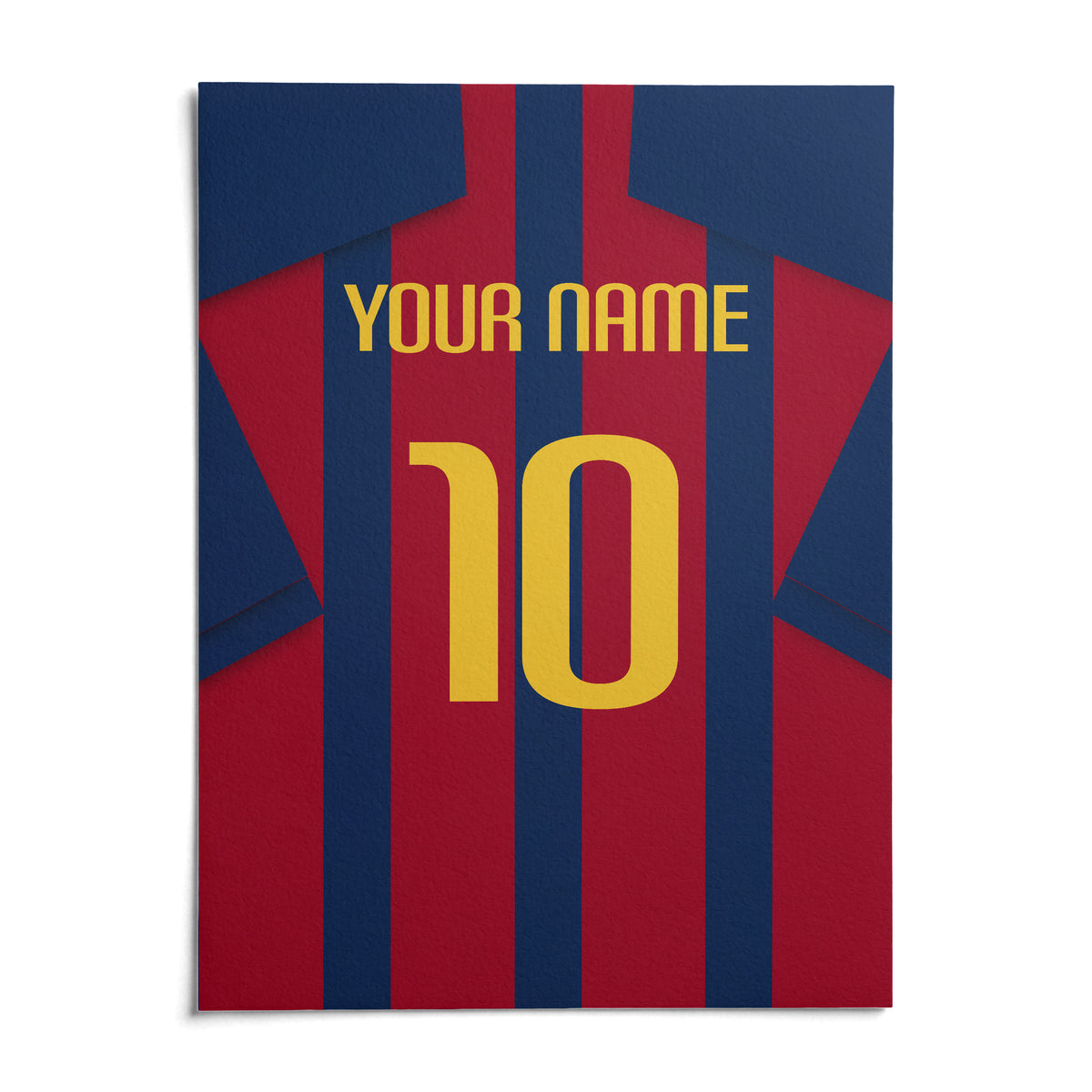 Football Shirt Poster in Red and Blue Stripes with Yellow Number, shown as an unframed paper print on a plain white background