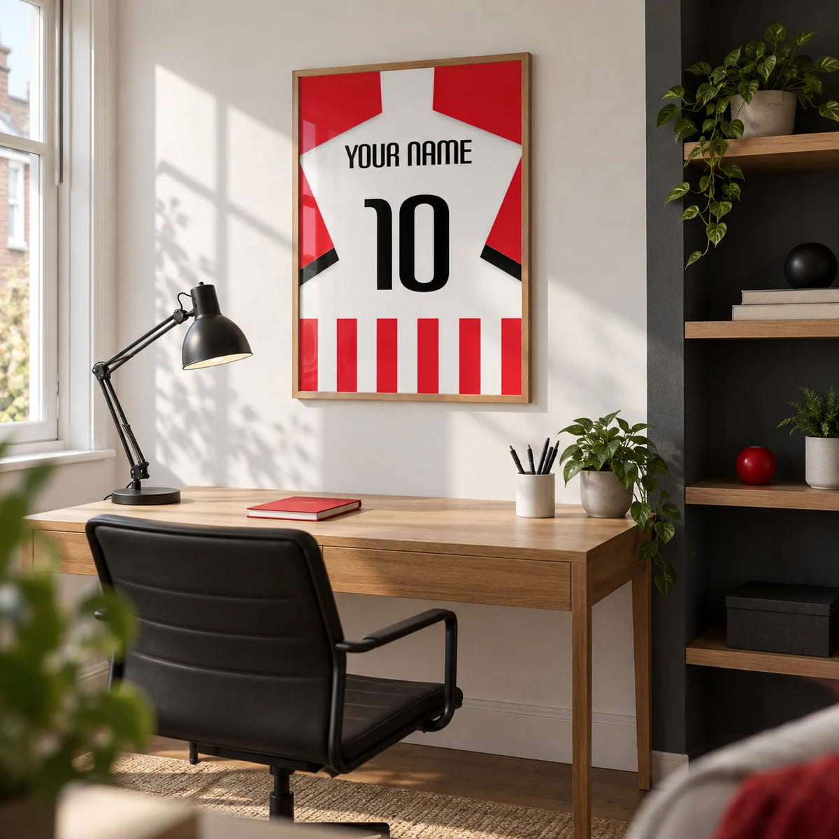 Football Shirt Poster in Red and White Stripes with Black Number, framed on the wall of a crisp home office for an adult football fan in a UK terraced house