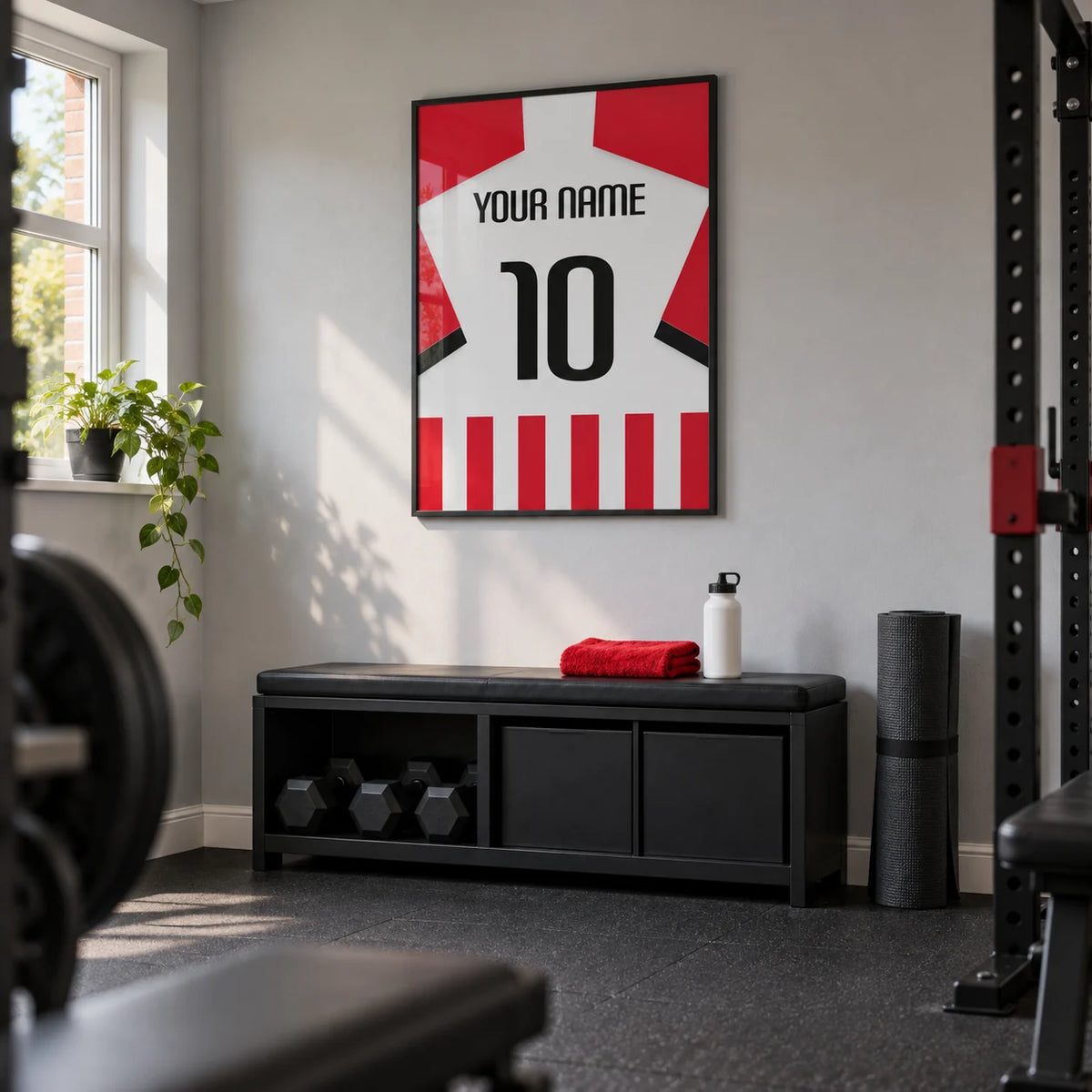 Football Shirt Poster in Red and White Stripes with Black Number, framed on the wall of a neat converted-garage home gym in a UK semi-detached house