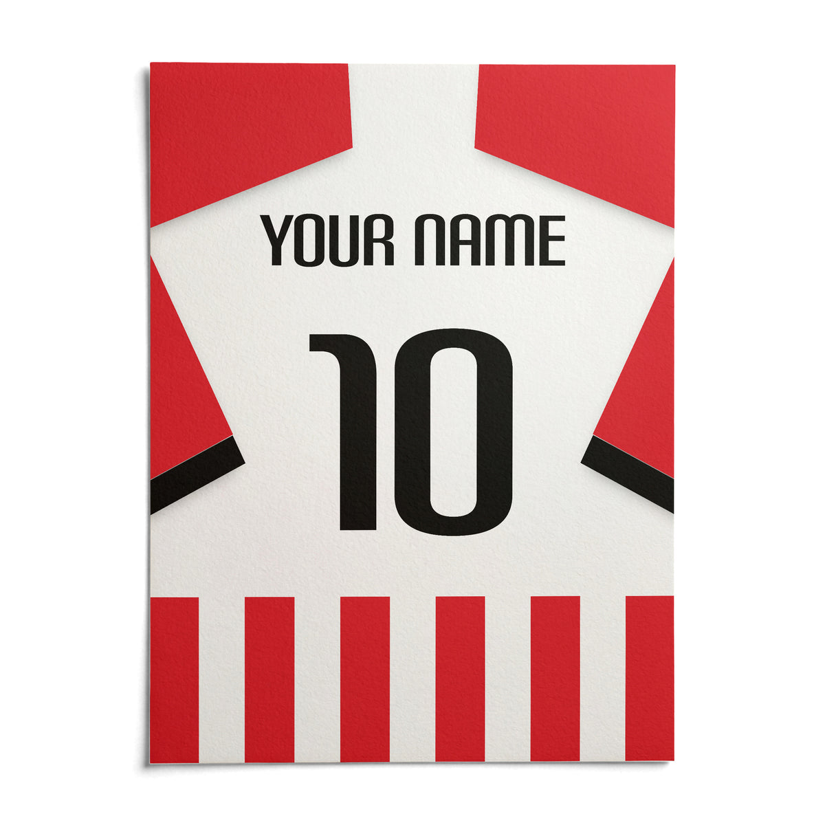 Football Shirt Poster in Red and White Stripes with Black Number, shown as an unframed paper print on a plain white background