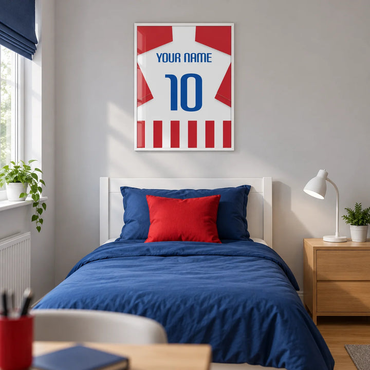 Football Shirt Poster in Red and White Stripes with Blue Number, framed on the wall of a modern football fan's single bedroom for a teenager aged 13-17 in a UK family home