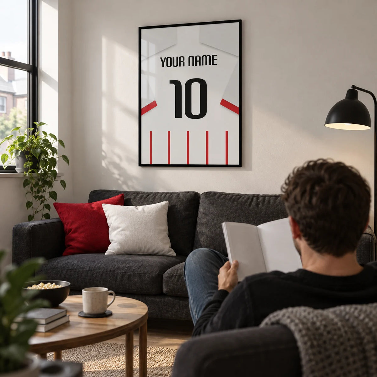 Football Shirt Poster in Red and White Stripes with White Sleeves, framed on the wall of a compact football viewing snug in a young adult's UK first flat (22-28) with an off-white wall and oak floor in a living room