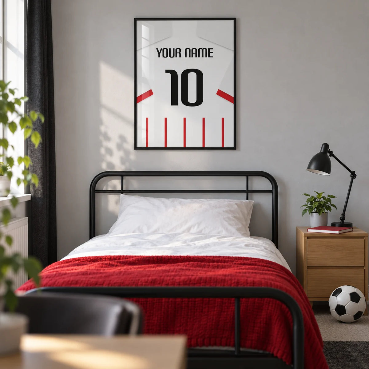 Football Shirt Poster in Red and White Stripes with White Sleeves, framed on the wall of a modern teenage football fan's single bedroom (13-17) in a UK family home with a pale grey wall