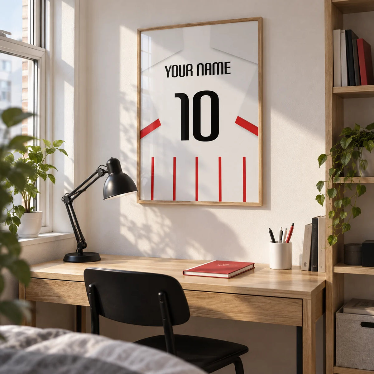 Football Shirt Poster in Red and White Stripes with White Sleeves, framed on the wall of a tidy university student's study corner (18-21) in a shared UK house with a white wall