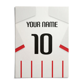 Football Shirt Poster in Red and White Stripes with White Sleeves, shown as an unframed paper print on a plain white background