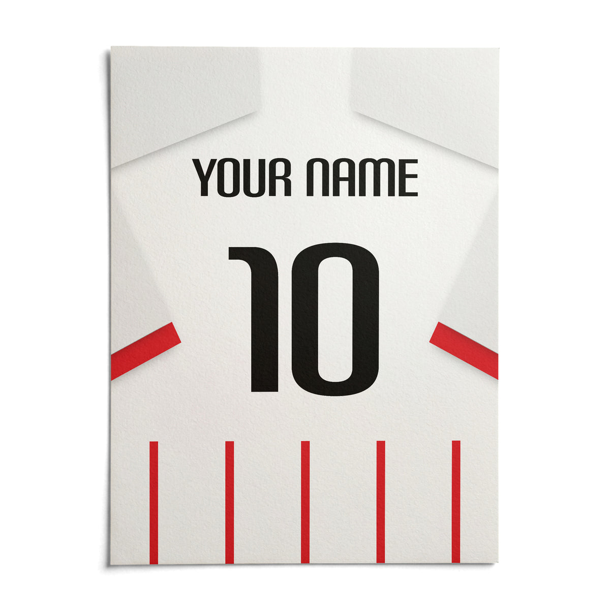 Football Shirt Poster in Red and White Stripes with White Sleeves, shown as an unframed paper print on a plain white background