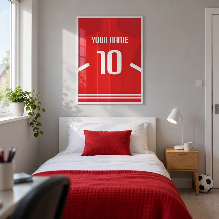 Football Shirt Poster in Red Pinstripe with White Number, framed on the wall of a modern football-loving teenager's single bedroom (13-17) in a UK family home with a light grey wall