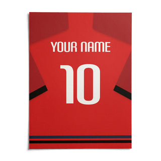 Football Shirt Poster in Red with Black Sleeve Bands, shown as an unframed paper print on a plain white background