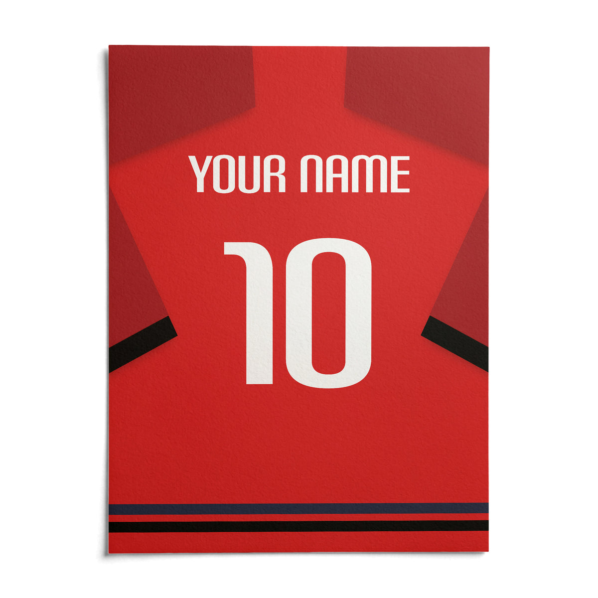 Football Shirt Poster in Red with Black Sleeve Bands, shown as an unframed paper print on a plain white background