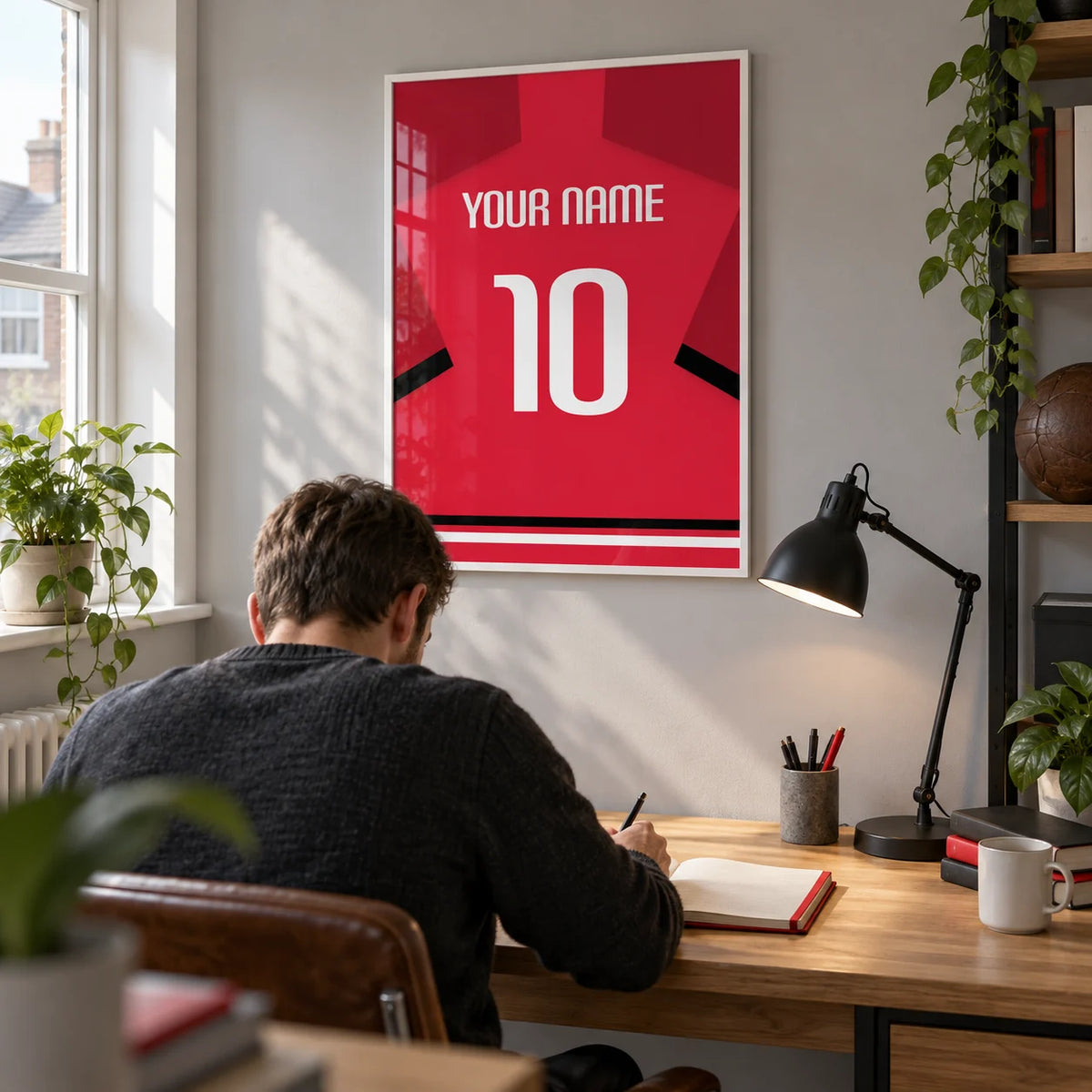 Football Shirt Poster in Red with Black Sleeve Stripe and White Number, framed on the wall of a bright home study for an adult football enthusiast in a UK terrace