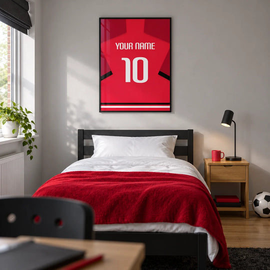 Custom Football Shirt – Red with Black Sleeve Stripe and White Number