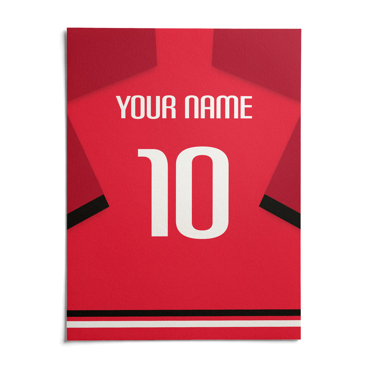 Football Shirt Poster in Red with Black Sleeve Stripe and White Number, shown as an unframed paper print on a plain white background