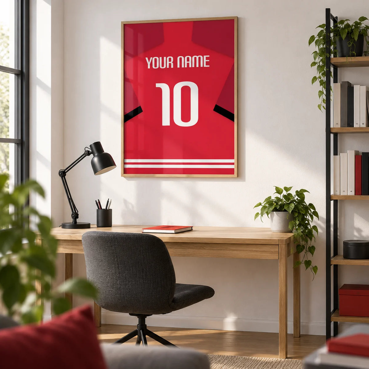 Football Shirt Poster in Red with Black Sleeve Stripe, framed on the wall of a crisp home study for a football fan (22-35) with a white wall and an oak floor