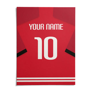 Football Shirt Poster in Red with Black Sleeve Stripe, shown as an unframed paper print on a plain white background