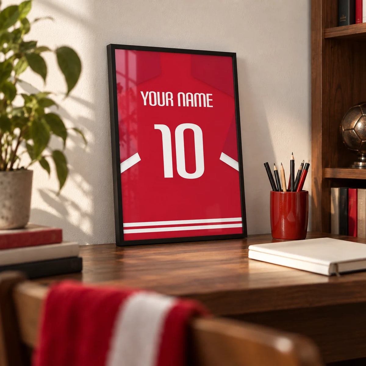 Football Shirt Poster in Red with Bold White 10, a small A4 framed print leaning on a walnut desk
