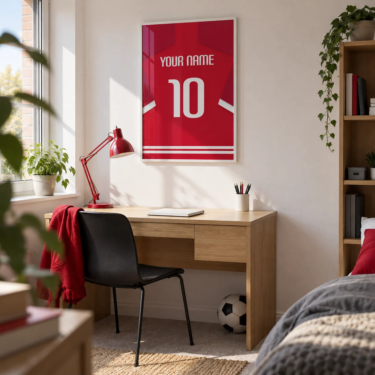 Football Shirt Poster in Red with Bold White 10, framed on the wall of a tidy study corner in a football fan's UK university room (18-21) with a white wall and pale oak furniture