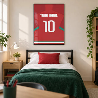 Football Shirt Poster in Red with Green Sleeve Stripe, framed on the wall of a contemporary football fan's single bedroom in a UK family home