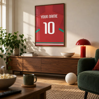 Football Shirt Poster in Red with Green Sleeve Stripe, framed on the wall of a contemporary football-watching snug in a UK terrace in a living room