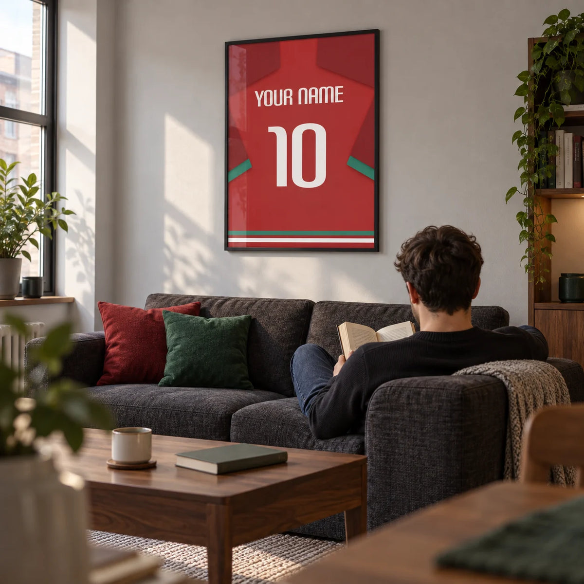 Football Shirt Poster in Red with Green Sleeve Stripe, framed on the wall of a modern living room in a football fan's first UK flat (22-28)