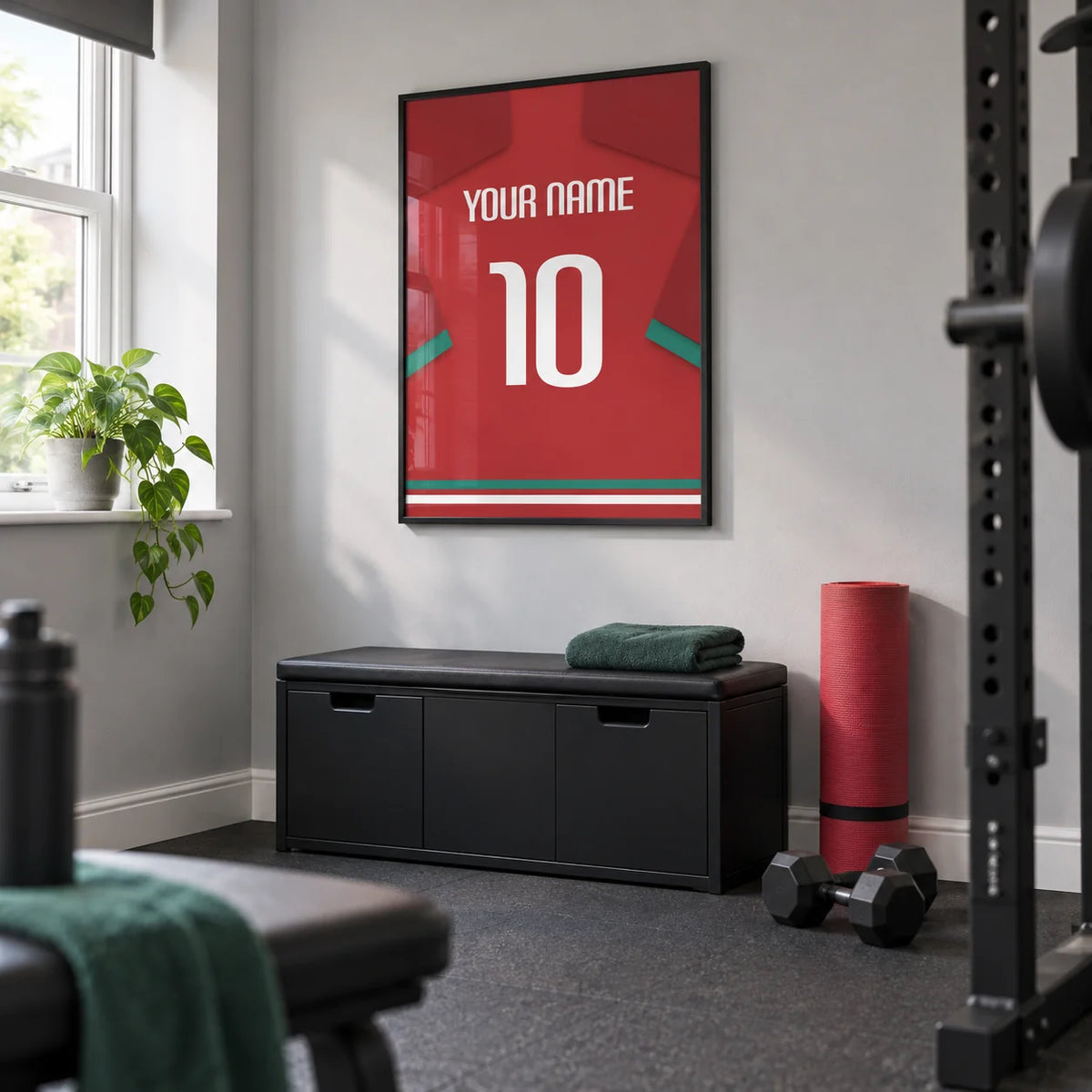 Football Shirt Poster in Red with Green Sleeve Stripe, framed on the wall of a small converted spare-room home gym in a UK house