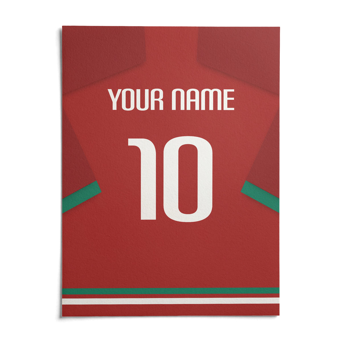 Football Shirt Poster in Red with Green Sleeve Stripe, shown as an unframed paper print on a plain white background