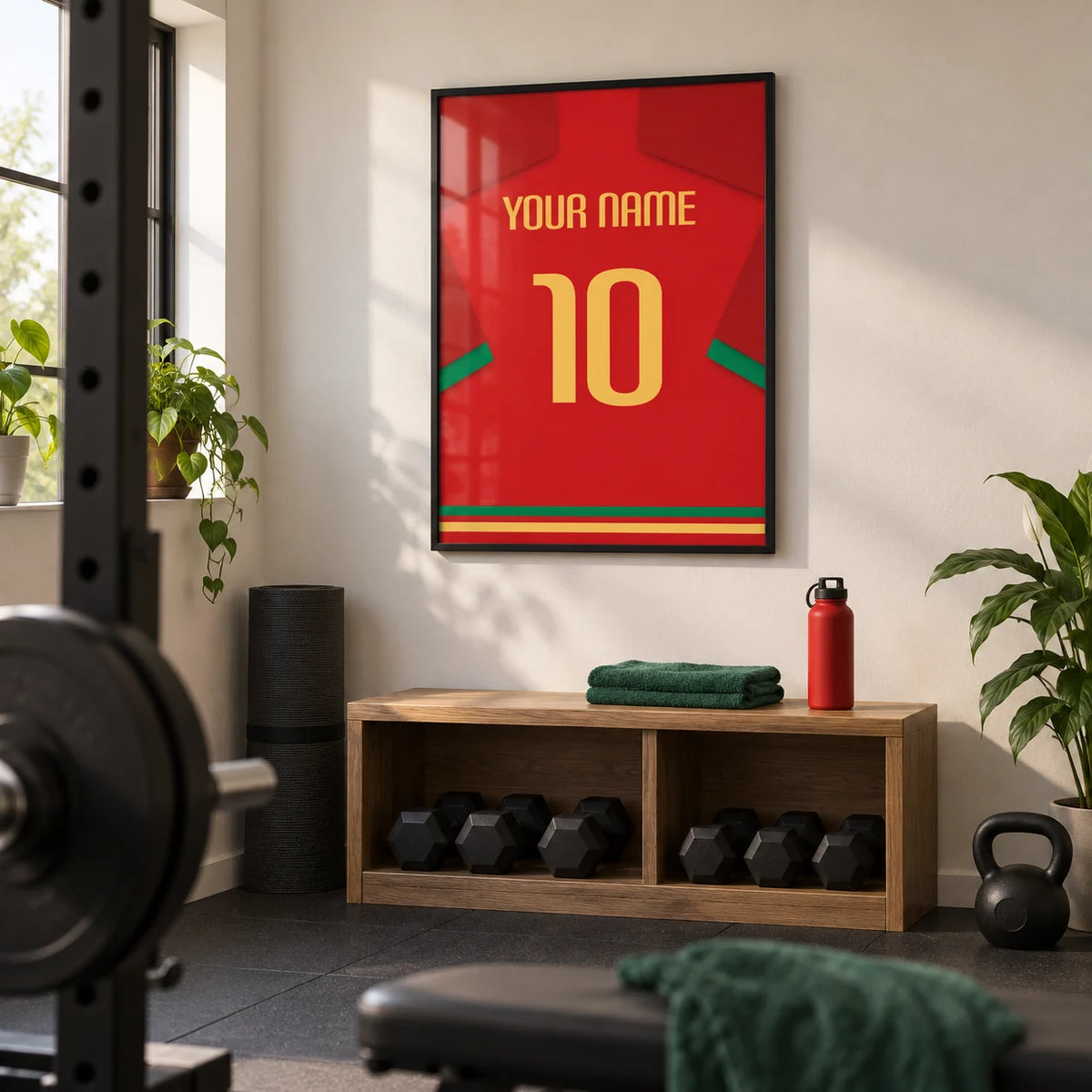 Football Shirt Poster in Red with Green Trim and Yellow Number, framed on the wall of a modest converted spare-room home gym with off-white walls and plain dark rubber flooring