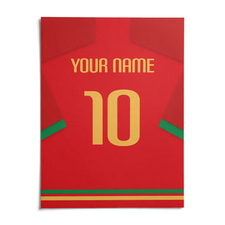 Football Shirt Poster in Red with Green Trim and Yellow Number, shown as an unframed paper print on a plain white background