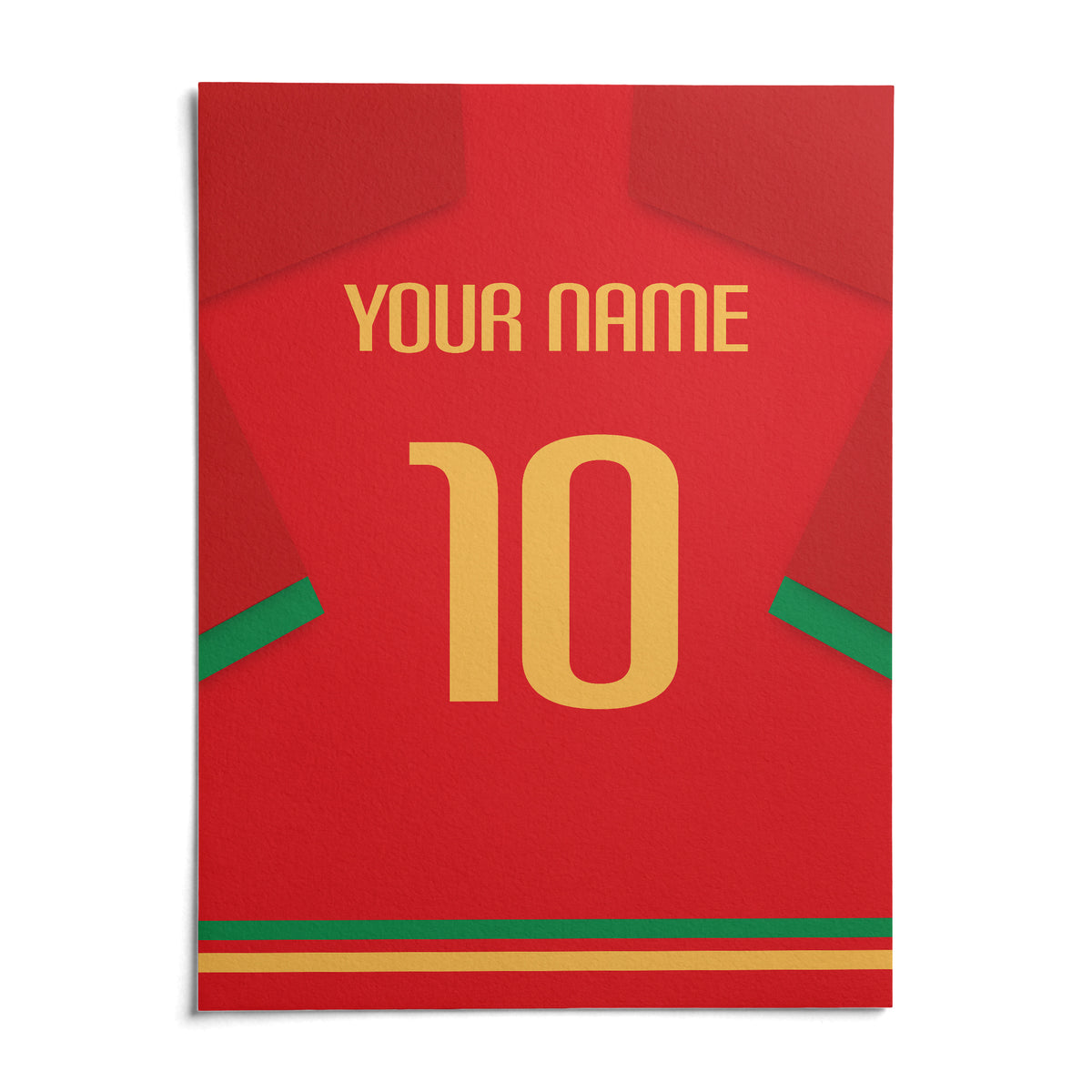 Football Shirt Poster in Red with Green Trim and Yellow Number, shown as an unframed paper print on a plain white background