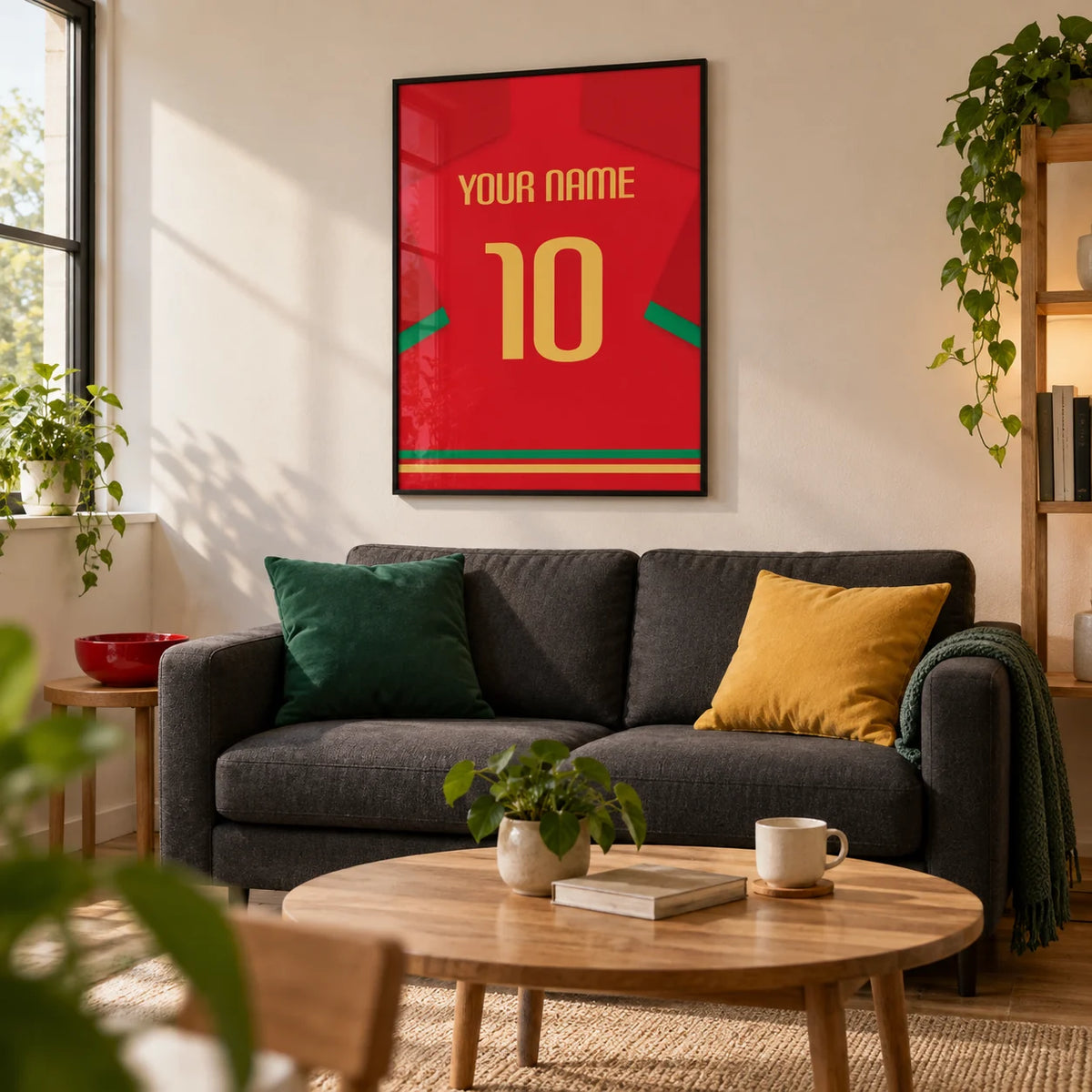 Football Shirt Poster in Red with Green Trim and Yellow Number, framed on the wall of a young football fan's first-flat living room (22-28) with warm white walls and an oak floor