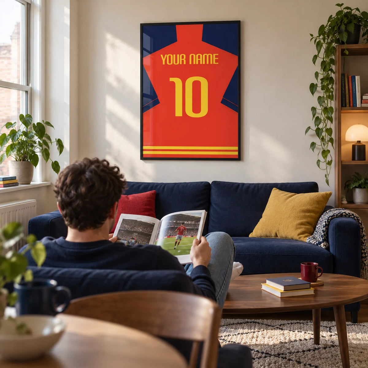 Football Shirt Poster in Red with Navy Sleeves and Yellow Number, framed on the wall of a compact modern lounge in a football fan's first UK flat (22-28)