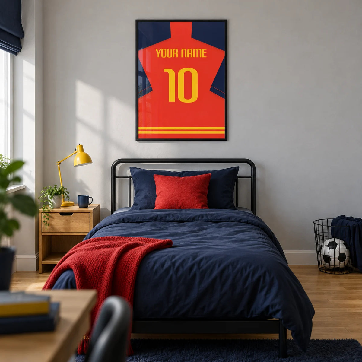 Football Shirt Poster in Red with Navy Sleeves and Yellow Number, framed on the wall of a modern football-loving teenager's single bedroom (13-17) in a UK family home