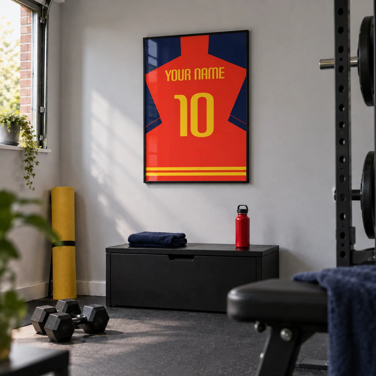 Football Shirt Poster in Red with Navy Sleeves and Yellow Number, framed on the wall of a small converted garage home gym in a UK terrace